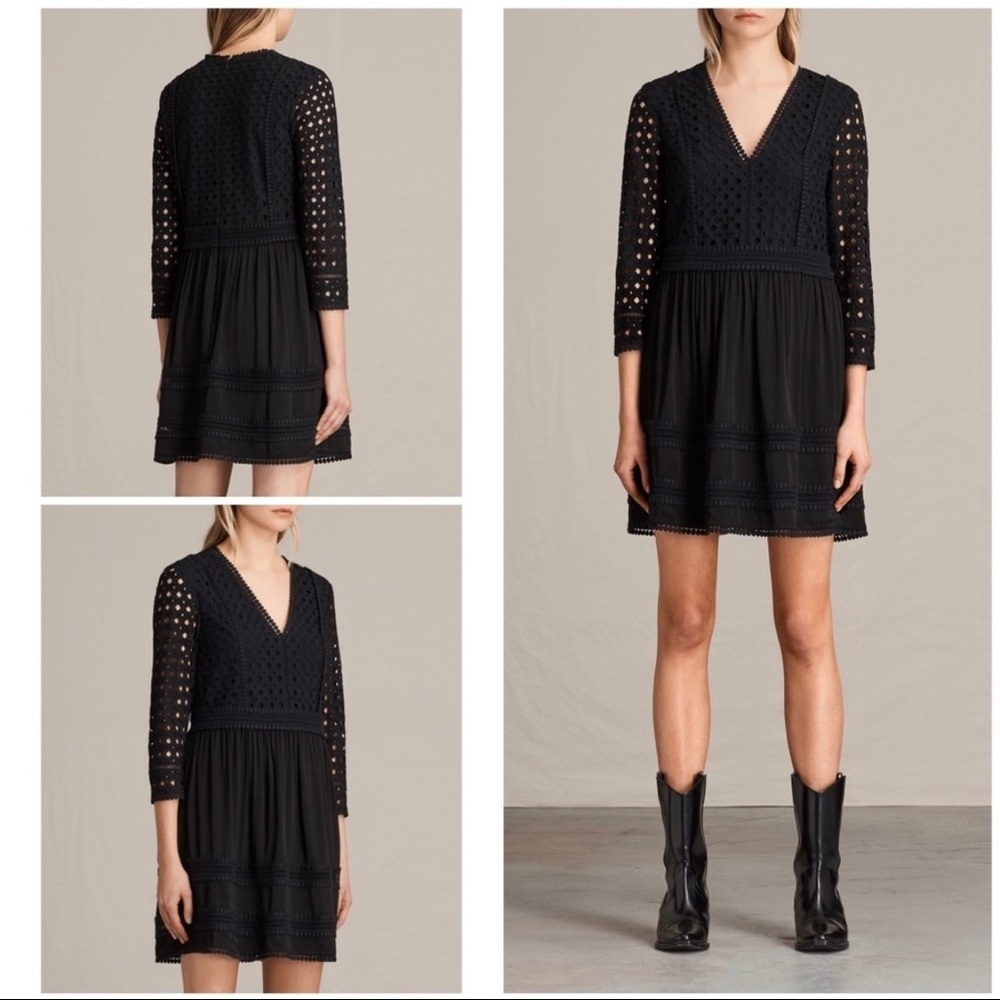 All Saints Black Crochet V-Neck Long Sleeve Mini Dress - Picture 2 of 9